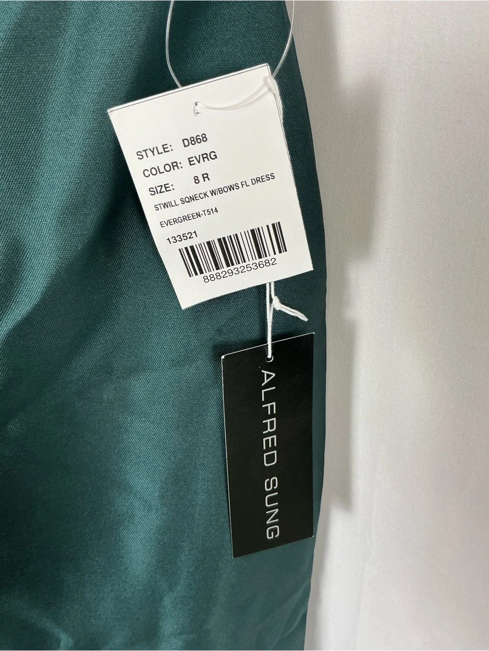 ALFRED SUNG Evergreen Satin Maxi Dress with Bow Shoulder Straps - Picture 4 of 7